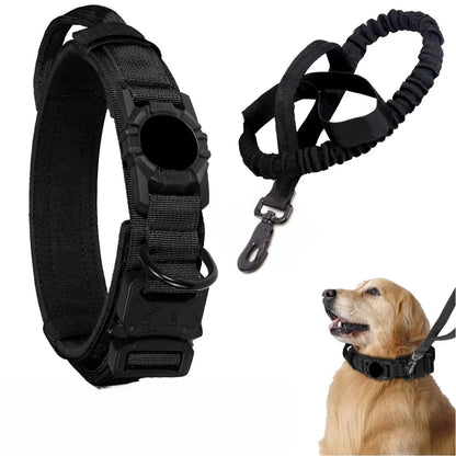 Tactical Dog Collar with AirTag Holder & Bungee Leash Set | Heavy Duty Metal Dog Collar
