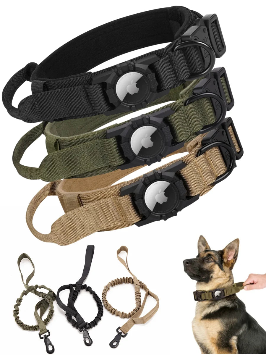 Tactical Dog Collar with AirTag Holder & Bungee Leash Set | Heavy Duty Metal Dog Collar