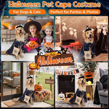 Dog Halloween Wizard Costume with 3pc Attached Treat Pocket Cape and Matching Hat for Small Medium Large Breeds