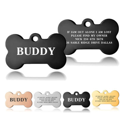 Personalised Engraved Dog ID Tag – Bone Shape | Black, Silver & Gold