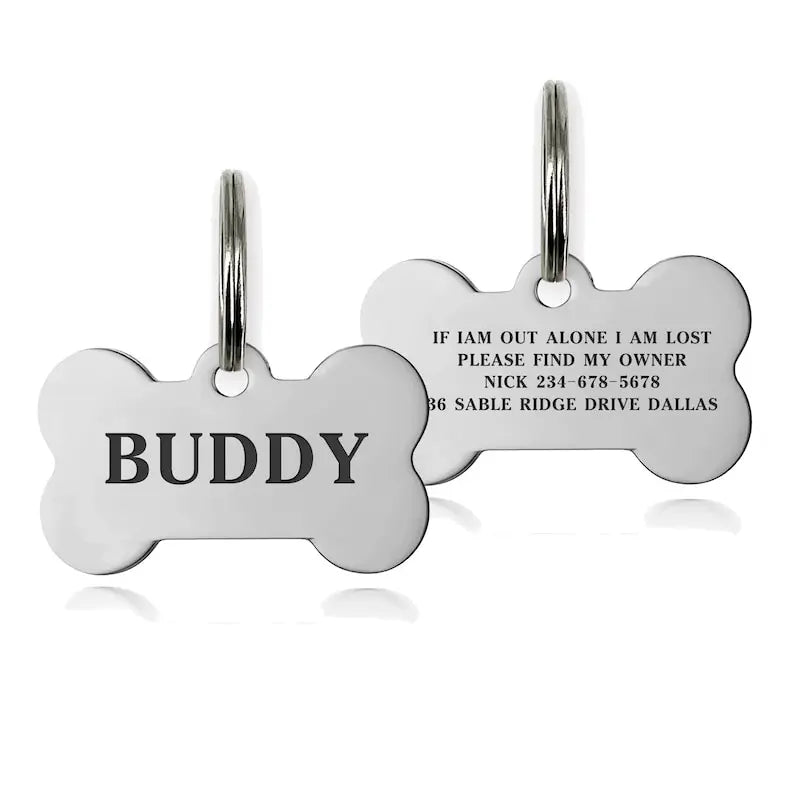 Personalised Engraved Dog ID Tag – Bone Shape | Black, Silver & Gold
