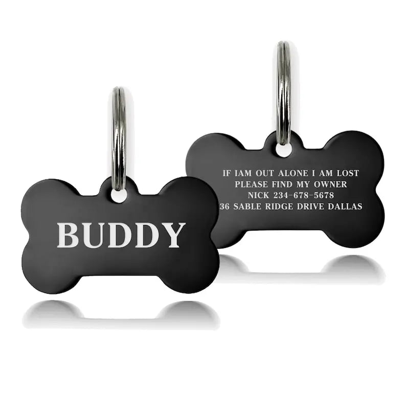 Personalised Engraved Dog ID Tag – Bone Shape | Black, Silver & Gold