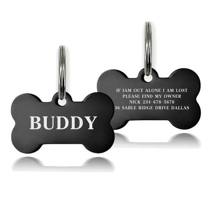 Personalised Engraved Dog ID Tag – Bone Shape | Black, Silver & Gold