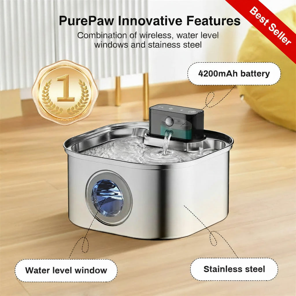 Stainless steel pet water fountain with features highlighted on a wooden surface