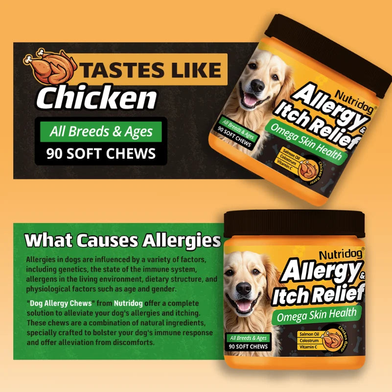 NUTRIDOG Dog Allergy Itch Relief Supplements With Omega-3 Vitamin C Support Skin Immune Health Supplement Nutrition 90 Chews - Rover Rituals
