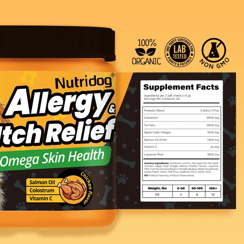 NUTRIDOG Dog Allergy Itch Relief Supplements With Omega-3 Vitamin C Support Skin Immune Health Supplement Nutrition 90 Chews - Rover Rituals