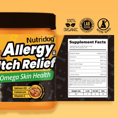 NUTRIDOG Dog Allergy Itch Relief Supplements With Omega-3 Vitamin C Support Skin Immune Health Supplement Nutrition 90 Chews - Rover Rituals