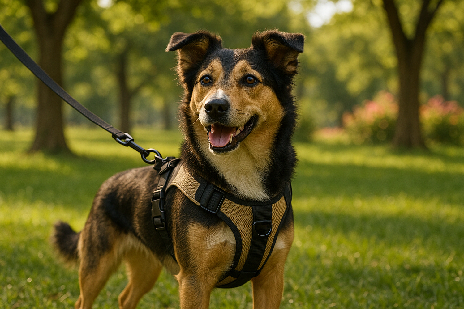Dog with harness in park